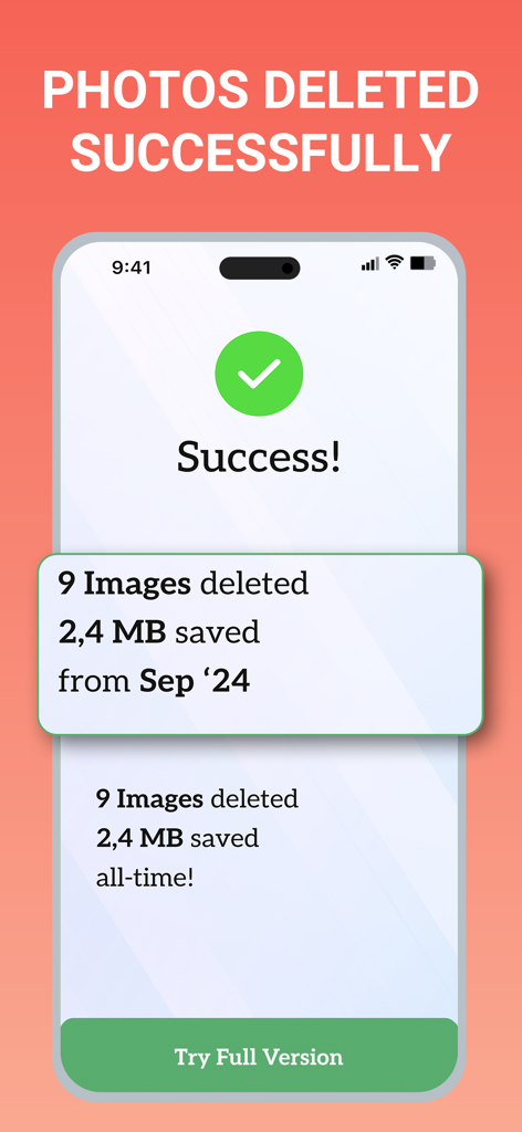 Photos Cleaner: Swipe & Delete - Una pantalla de aplicación móvil que muestra un mensaje de éxito con estadísticas sobre las fotos eliminadas y el espacio de almacenamiento ahorrado
