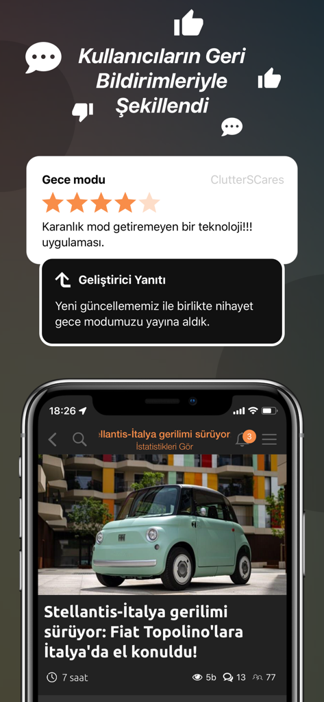 DonanimHaber app screenshot showing a user review about dark mode and a news article about the automotive industry