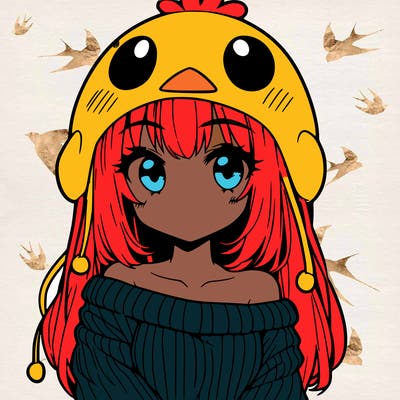 anime girl with chick shaped hat with sweater with bare shoulders with bangs covering them one eye with low tail