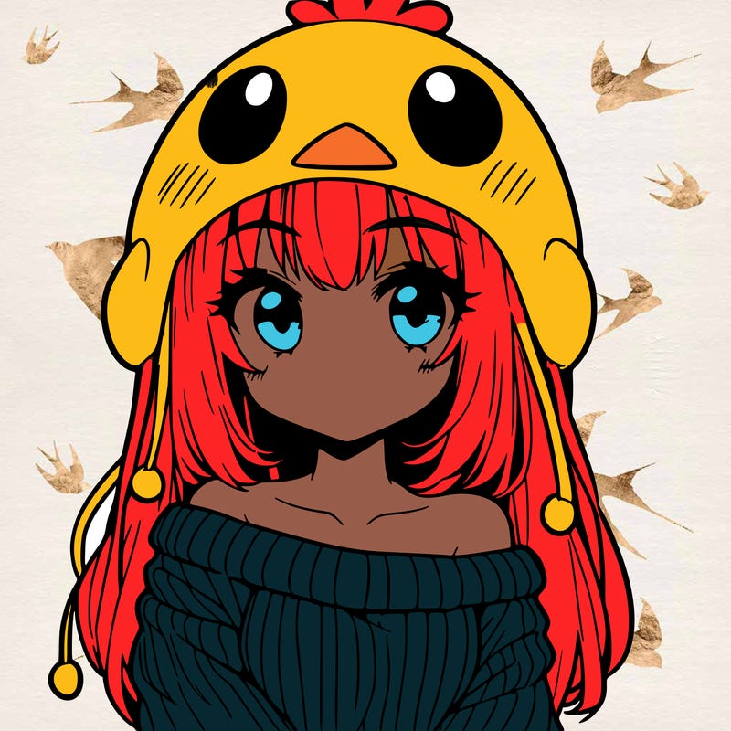 anime girl with chick shaped hat with sweater with bare shoulders with bangs covering them one eye with low tail
