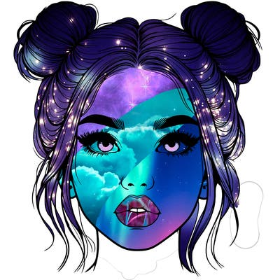 realistic girl with two buns on her hair and lips