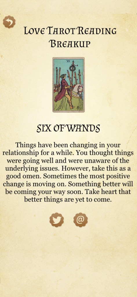 Breakup reading for Six of Wands tarot card in Love Tarot app