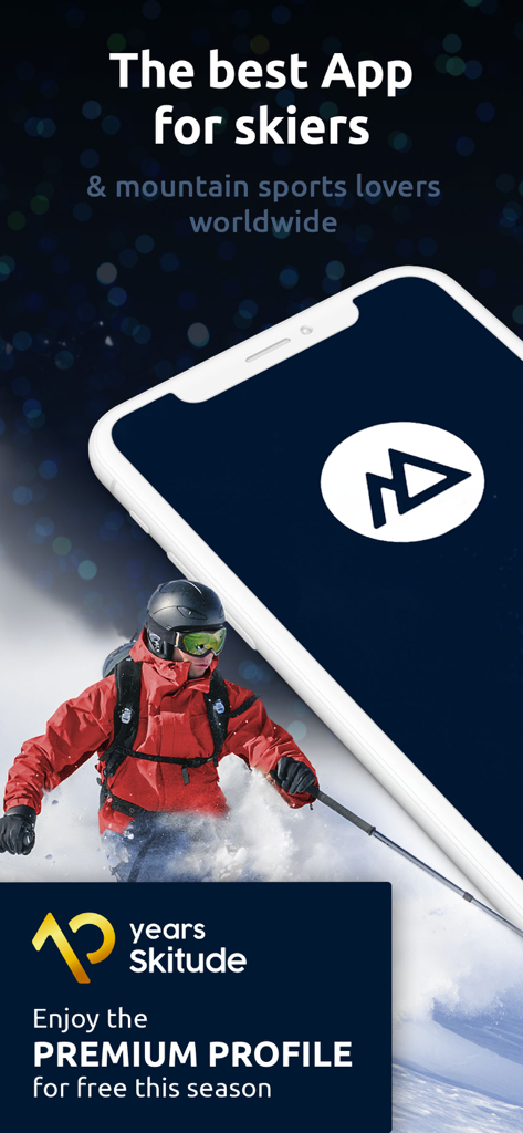 Werbebildschirm für die Skitude App mit einem Skifahrer auf einem verschneiten Berg und einem Smartphone, das das App-Icon anzeigt