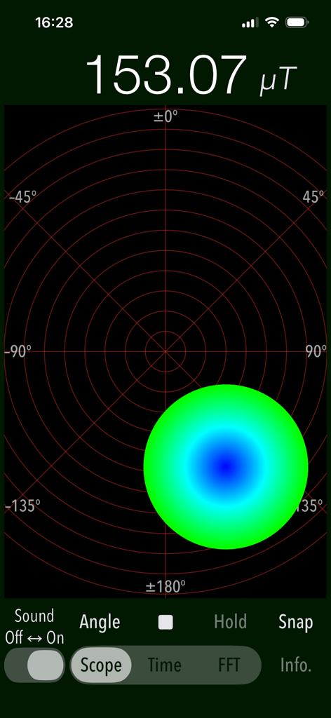 Magnetscape app scope mode displaying a magnetic field measurement of 153.07 microteslas with a graphical circle indicator