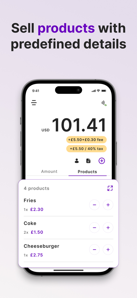 Tap to Pay with Stripe - Paid - Mobile app interface showing a product list for checkout including food items like fries and coke with calculated total price and fees