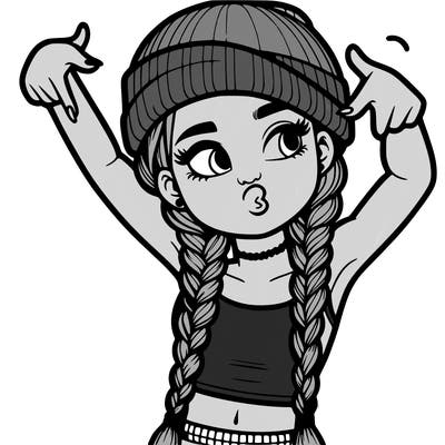 realistic teenage girl with braids and a beanie and crop top doing 🫶🏼