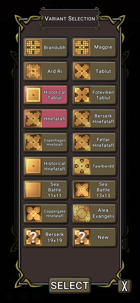 Una pantalla de menú en la aplicación Hnefatafl que muestra varias variantes históricas de juegos de mesa como Tablut y Alea Evangelii.