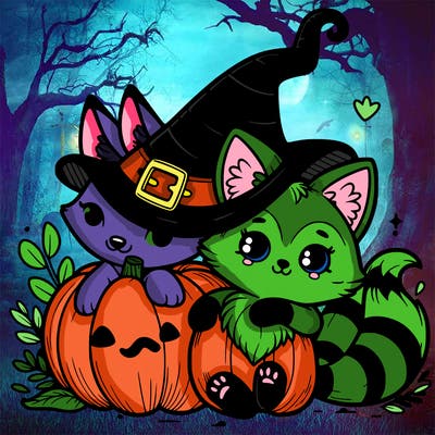 a cat and fox with a witch hat hugging a pumpkin