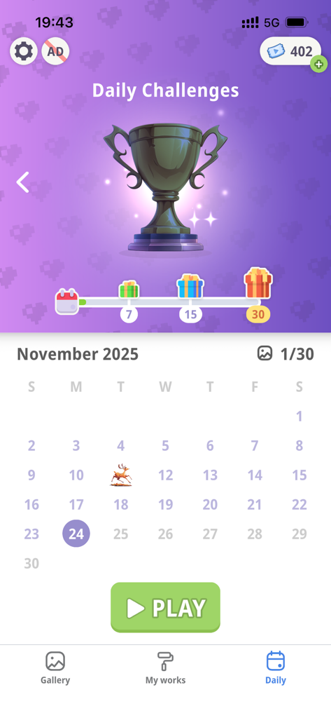 Tap Arrows Gallery: Brain Game - Daily challenges screen showing a calendar and reward progress in the Tap Arrows Gallery brain game.