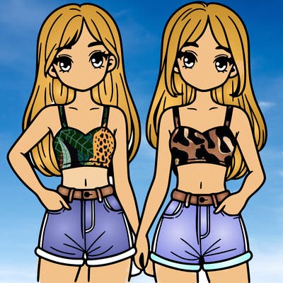 two sisters with crop tops and jean shorts and straight hair