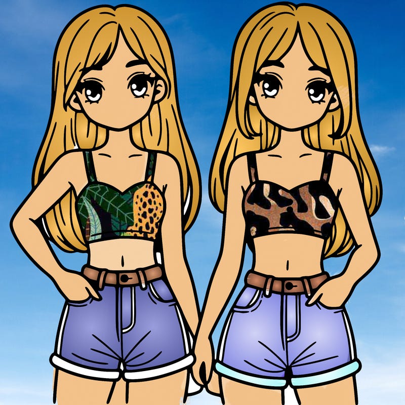 two sisters with crop tops and jean shorts and straight hair