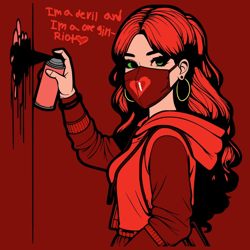 realistic girl with mask spray painting a wall