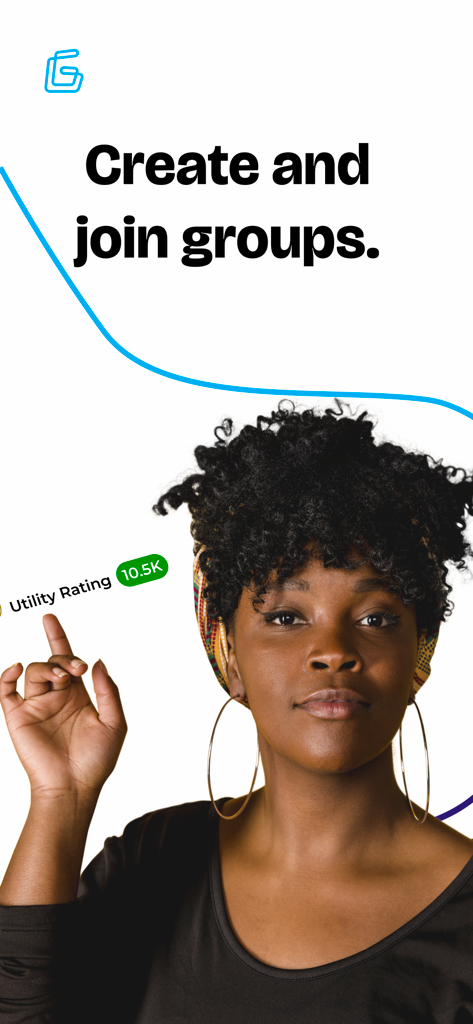 G-Money App - A woman pointing at the text Create and join groups on the G-Money app screen