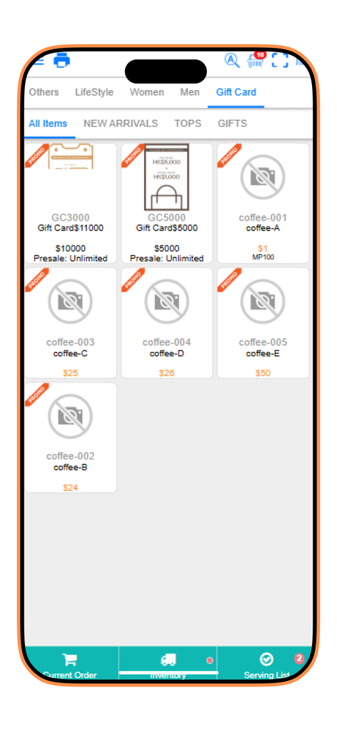 Posify Retail - Interface of Posify Retail app showing a list of gift cards and coffee products with promotional banners