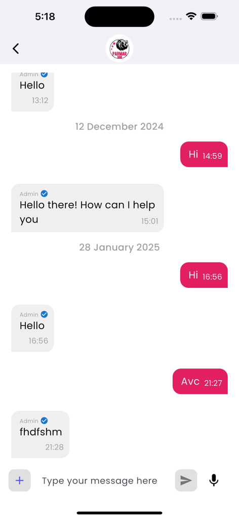 In-app support chat interface of Parmar Academy showing messages between a student and an administrator for exam preparation assistance