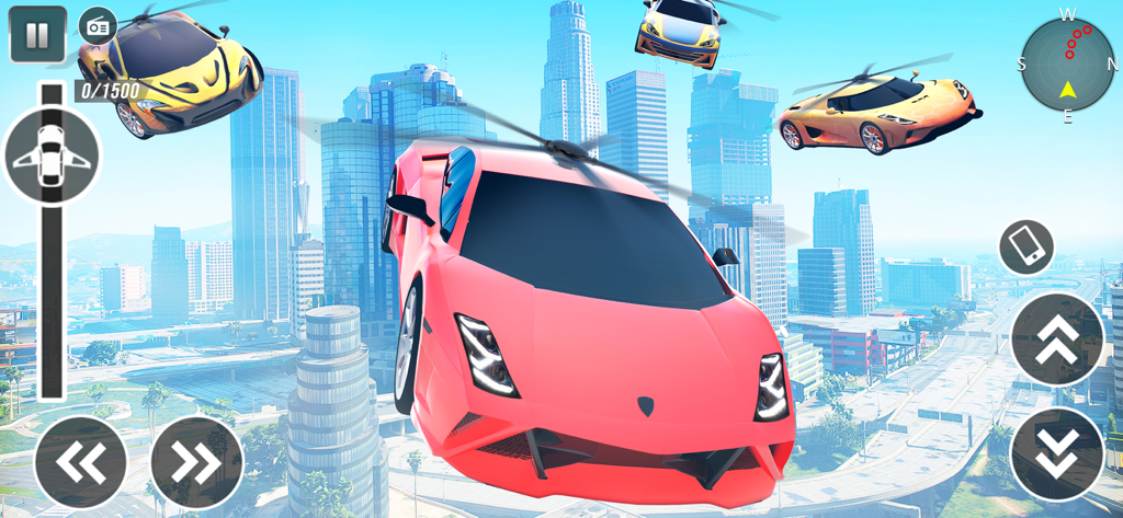 Flying Car: Robot Car Games - Un coche deportivo rojo con hélices de helicóptero volando sobre el horizonte de una ciudad en la aplicación móvil Flying Car Robot Car Games.