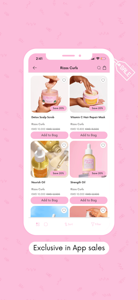 Shop Curls - Mobile app interface of Shop Curls showing a catalog of hair care products with exclusive in-app discounts.