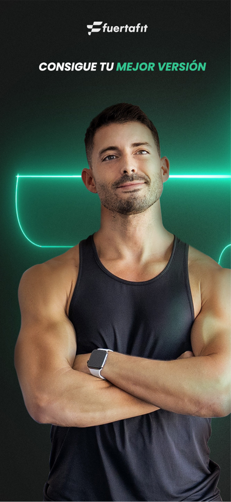 Portrait of fitness trainer Sergio Peinado with the Fuertafit logo and motivational text in Spanish