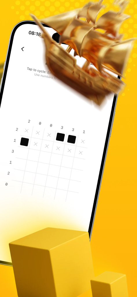 Una cuadrícula de acertijos de lógica minimalista en la pantalla de un smartphone con un modelo de barco 3D dorado