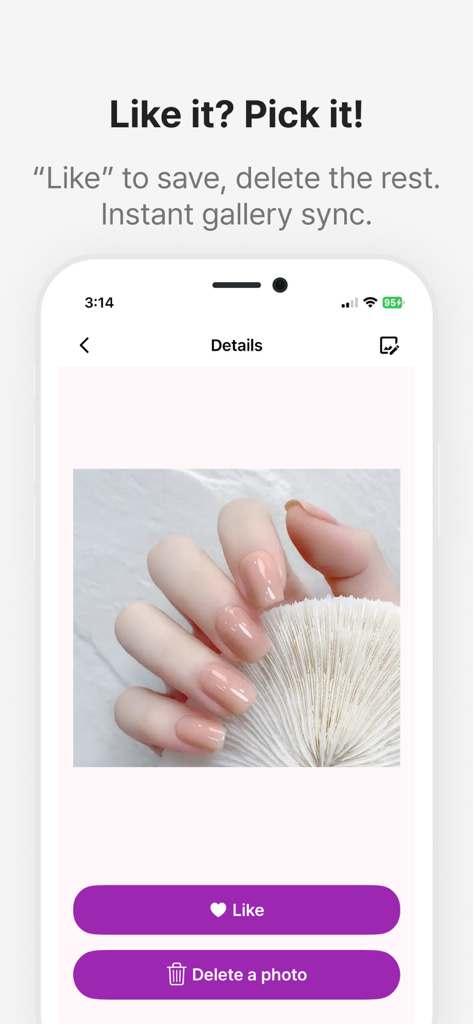 NailPick – AI for Nail Art - Smartphone screen showing NailPick app interface to save or delete nail art photos with instant gallery sync