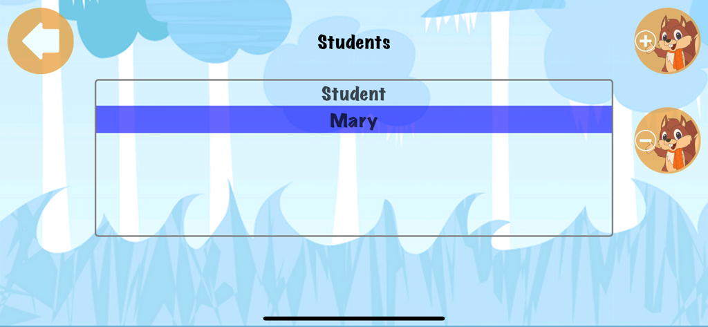 Maths Plus Minus - Arithmetic - Math Plus Minus 앱의 학생 관리 화면, 다람쥐 테마 버튼이 있는 Mary의 프로필 표시