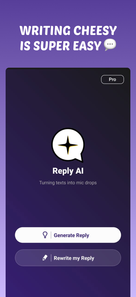 Reply AI app interface showing buttons for Generate Reply and Rewrite my Reply with a purple background