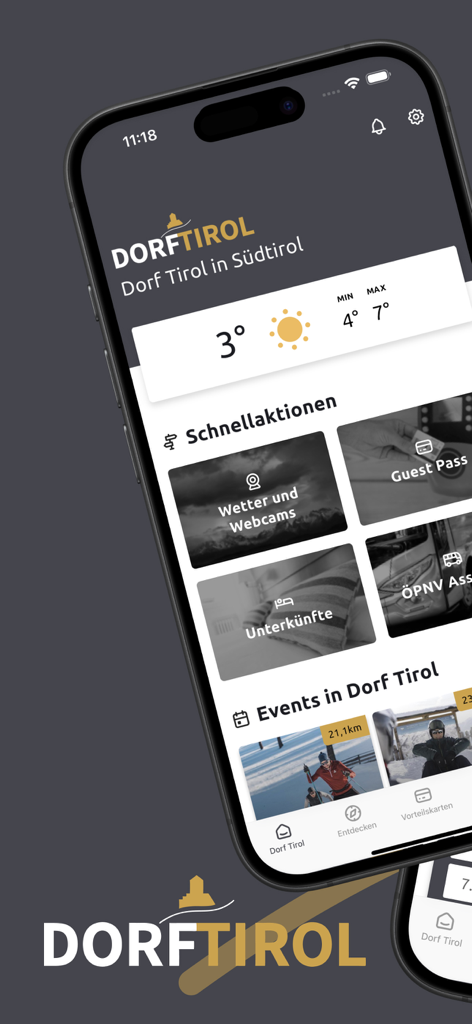 Dorf Tirol - Official App - Dorf Tirol公式アプリのホーム画面。地域の天気情報と旅行のショートカットが表示されます。