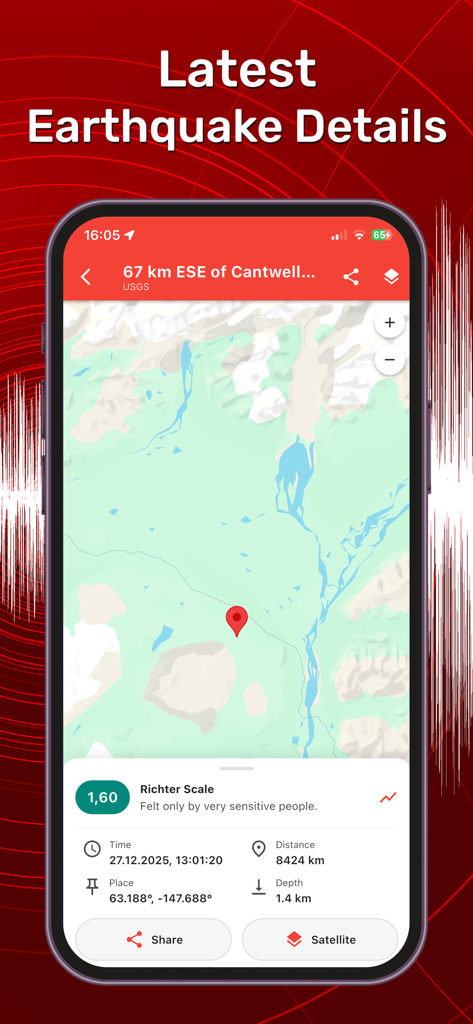 모바일 앱 화면으로, 규모와 지도 보기 등 자세한 지진 정보 표시