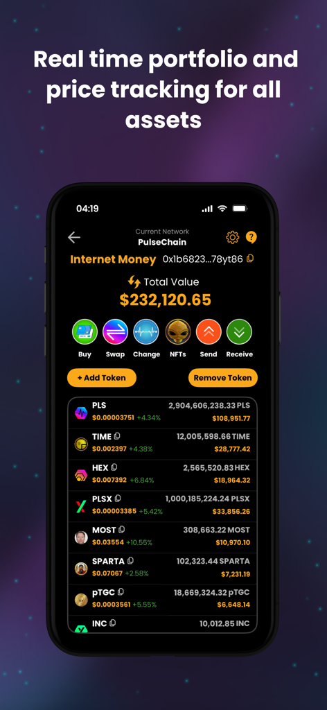 Internet Money - Crypto Wallet - Internet Money Crypto Wallet portfolio dashboard showing total asset value and real-time price tracking on PulseChain