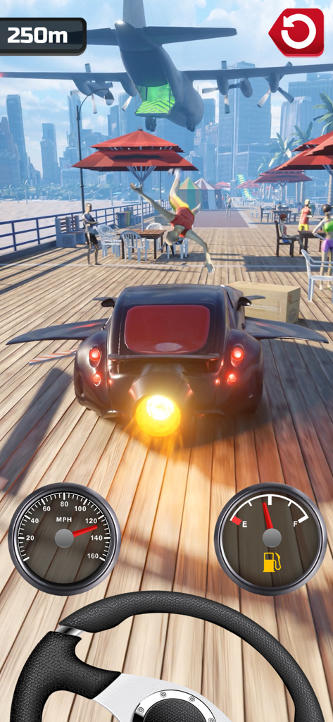 Gameplay of Plane Chase featuring a rocket powered car chasing a cargo plane on a boardwalk