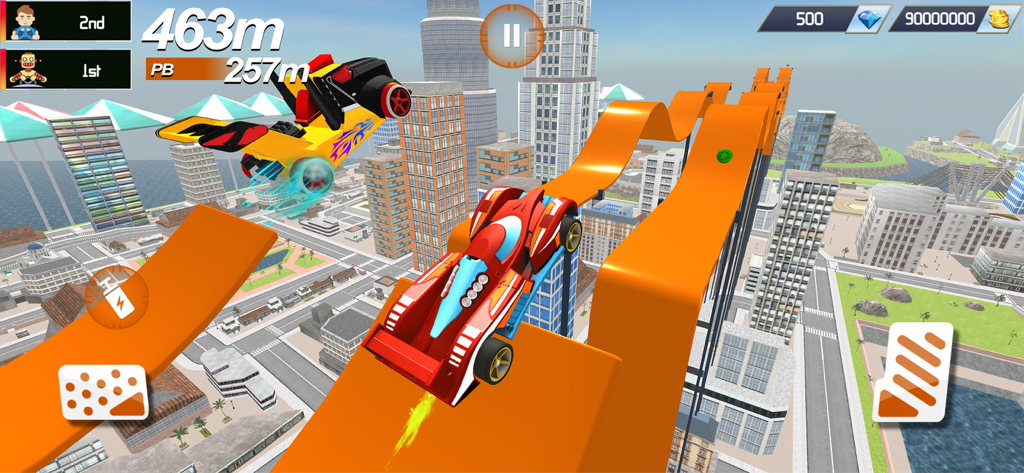 Monster Truck 4x4 Racing Games - High speed racing on an elevated orange stunt track with a city skyline view