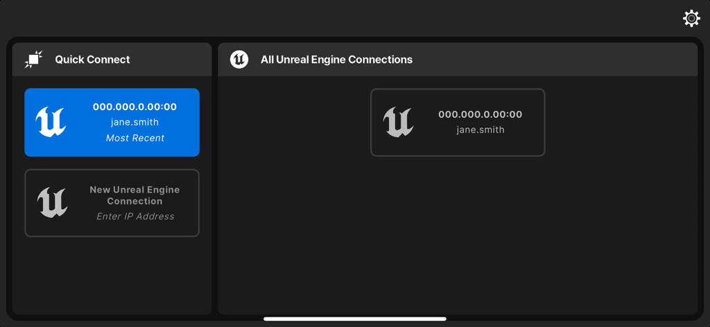 Unreal VCam - Unreal VCam app connection screen showing quick connect options and manual IP address entry for Unreal Engine.