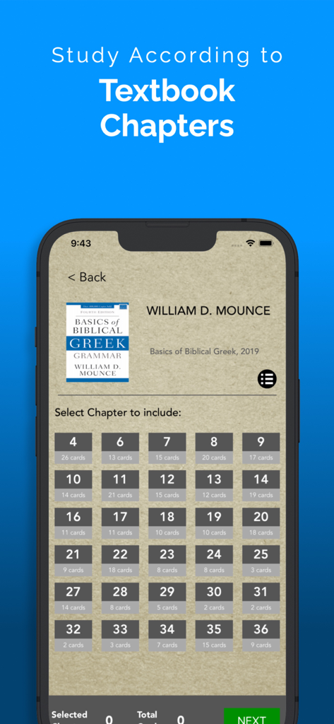 FlashGreek: Mounce edition - Study screen of FlashGreek app showing flashcards categorized by textbook chapters