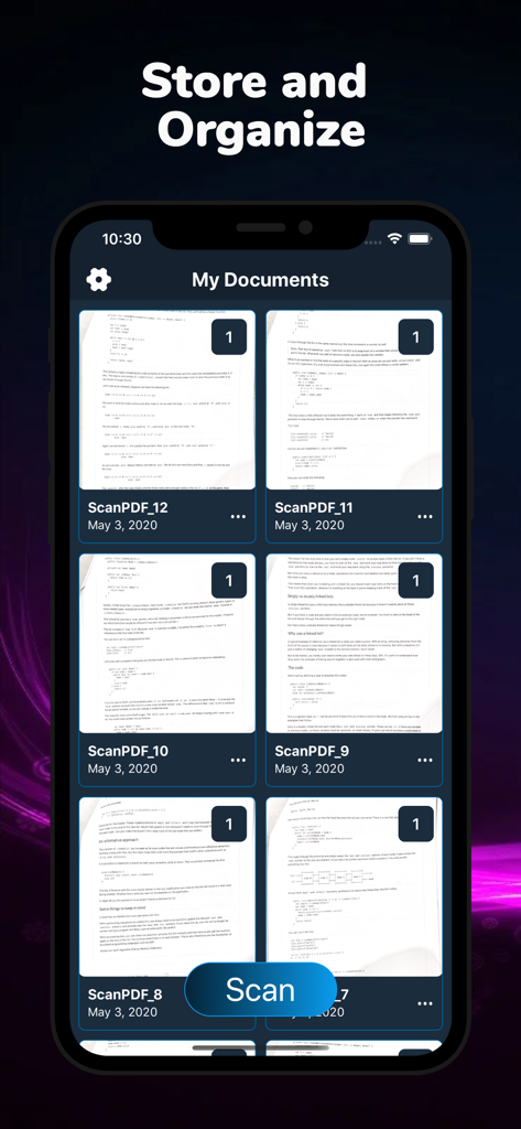 Best Pdf Scanner app - 整理されたスキャン書類のグリッドを表示するPDFスキャナーアプリのインターフェイス