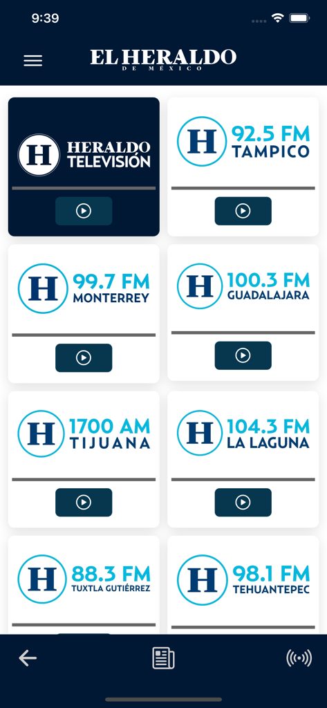 Eine Liste von Heraldo Televisión und verschiedenen mexikanischen Radiosendern wie Monterrey, Guadalajara und Tijuana in der El Heraldo de México App.