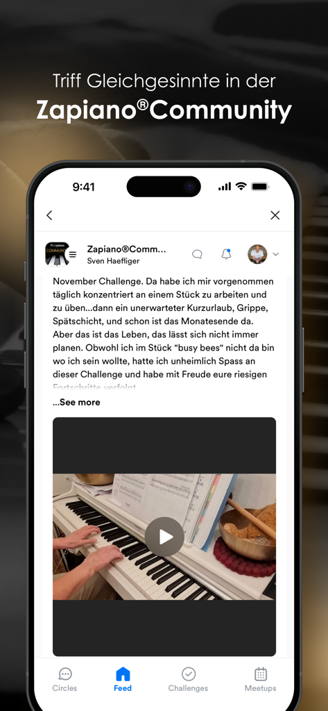 Zapiano app interface showing a community feed post with a piano practice video.
