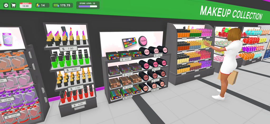 Makeup Store Simulator - A customer browsing organized shelves of lipsticks and palettes in Makeup Store Simulator