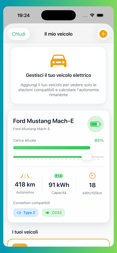 Free Charging Stations - Smartphone-Bildschirm mit einem Elektroauto-Profil für einen Ford Mustang Mach-E mit Batteriereichweite und kompatiblen Ladesteckern