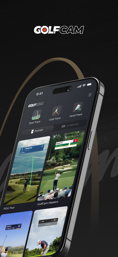 GolfCam: Golf Video Editor - GolfCam app interface on an iPhone showcasing shot trace and pro-style video editing for golfers.