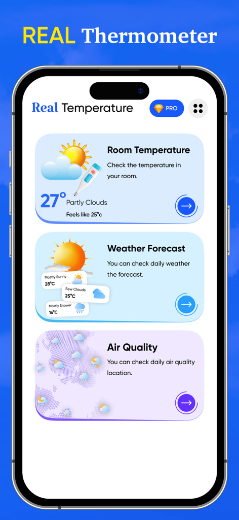 Real Thermometer & Temperature - Panel de la aplicación Real Thermometer con la temperatura ambiente y detalles del pronóstico del tiempo.