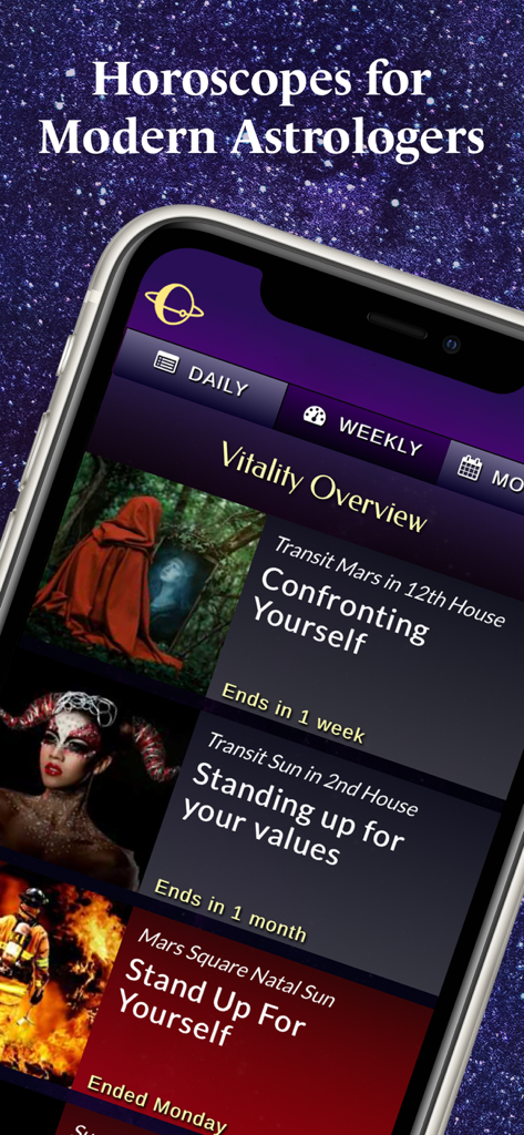 Astromatrix Horoscopes app showing transit forecasts and vitality overview