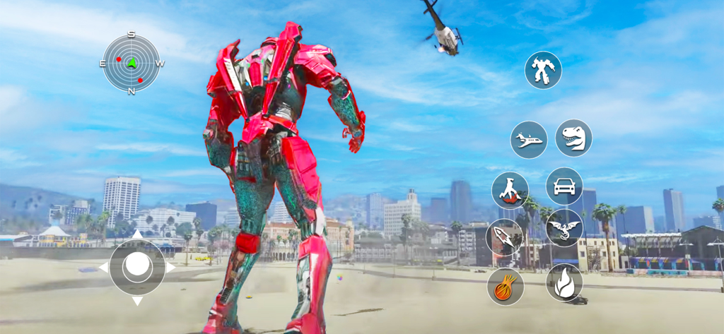 Real Robot Car Transform Game - Um robô vermelho gigante em pé em uma cidade de mundo aberto perto da praia com controles de ação e um helicóptero sobrevoando
