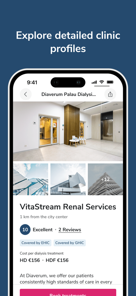 bookdialysis - travel app - Screenshot of the bookdialysis app showing a detailed clinic profile for VitaStream Renal Services with ratings, photos, and treatment costs.