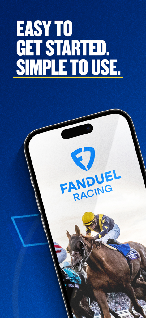 FanDuel Racing mobile app splash screen showing a horse race and the text Easy to get started Simple to use