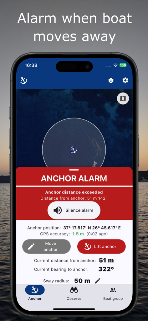 Anchor Easy: GPS Anchor Alarm - Screenshot of Anchor Easy app showing a red anchor alarm alert with exceeded distance notification.