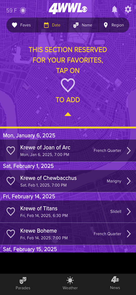 WWL Parade Tracker app interface displaying a chronological list of upcoming Mardi Gras parades including the Krewe of Joan of Arc and Chewbacchus