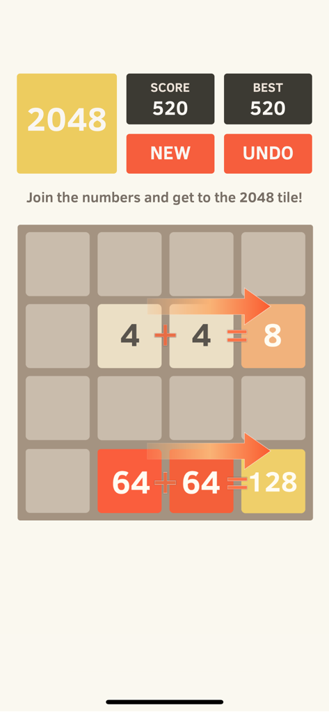 A screenshot of the 2048 puzzle game illustrating how numbered tiles merge on a grid