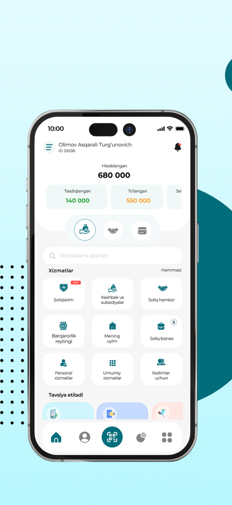 Soliq - Soliq 모바일 앱 대시보드, 세금 서비스 및 캐시백 정보 표시