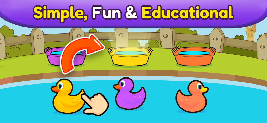 Toddler educational game showing a color matching activity with ducks