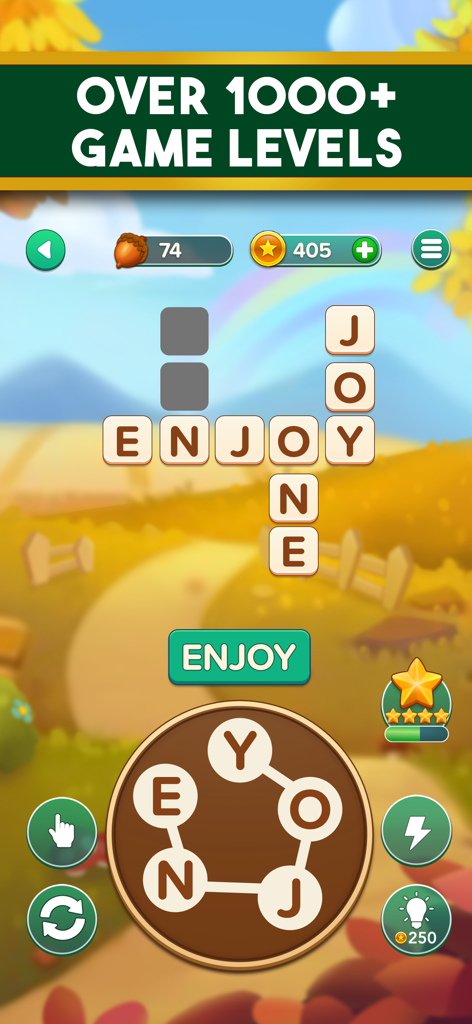 Gameplay screen of Word Nut crossword puzzle showing a word connect challenge with a banner for over 1000 levels.